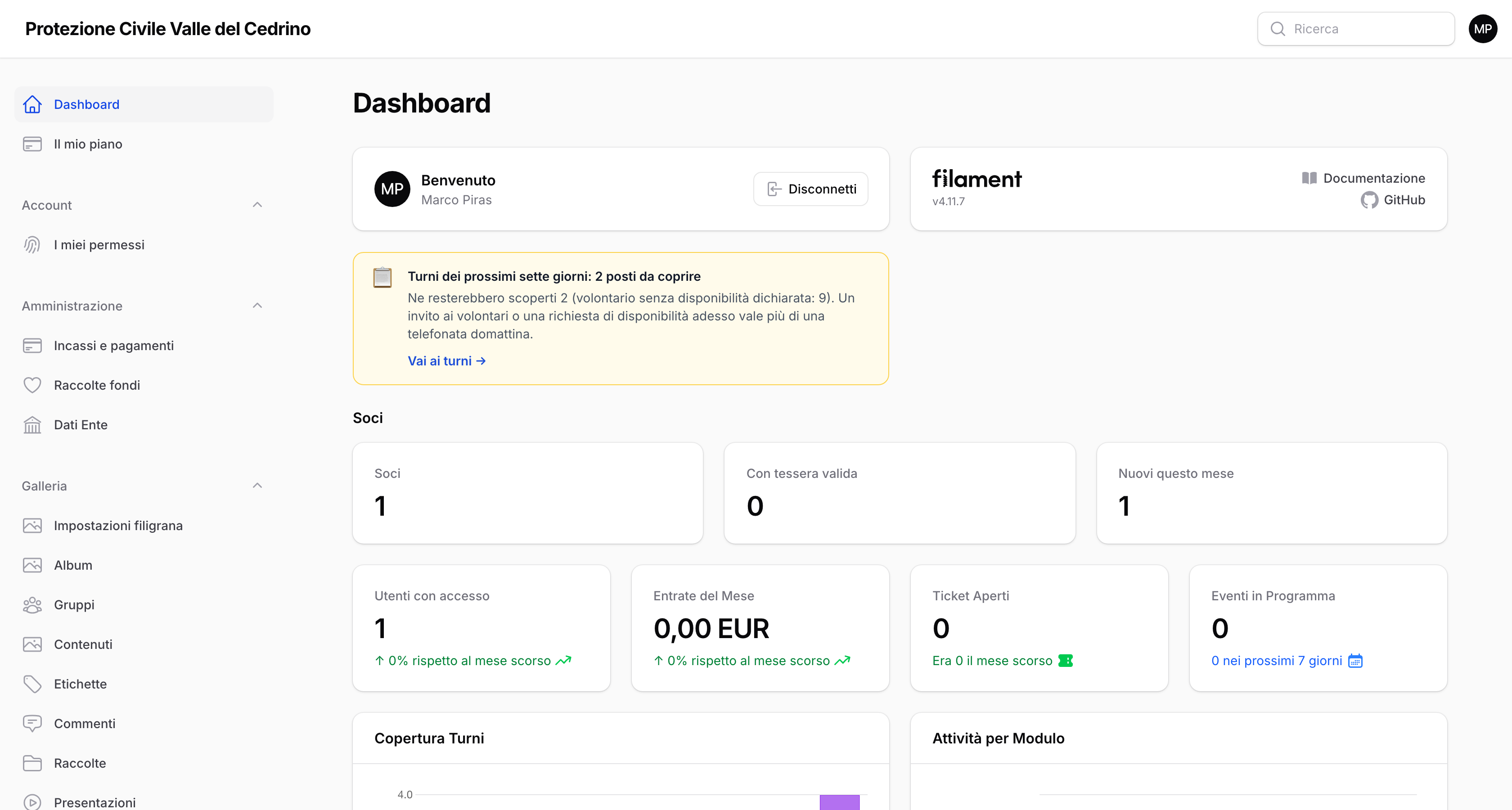 Il cruscotto con l'avviso della copertura dei turni